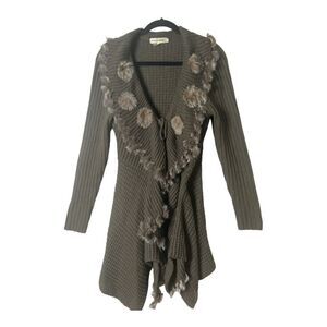 Moon River Ribbed Knit Ruffle Olive Green Faux Fur Tie Front Cardigan Medium